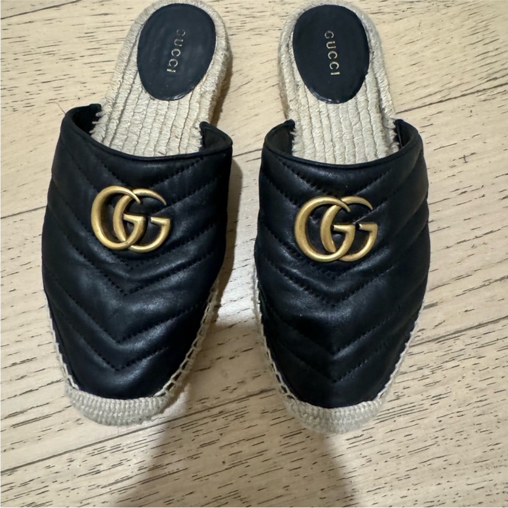 Gucci Black Quilted Leather Slip-On Espadrille Mules with Gold Double G